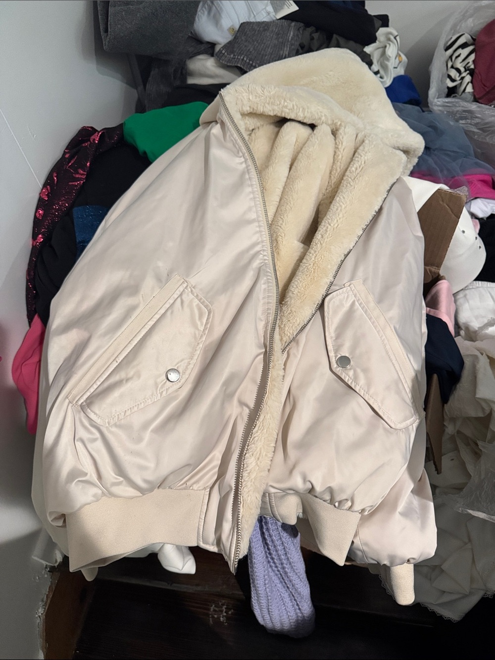 Cream Sherpa-Lined Bomber Jacket reversible